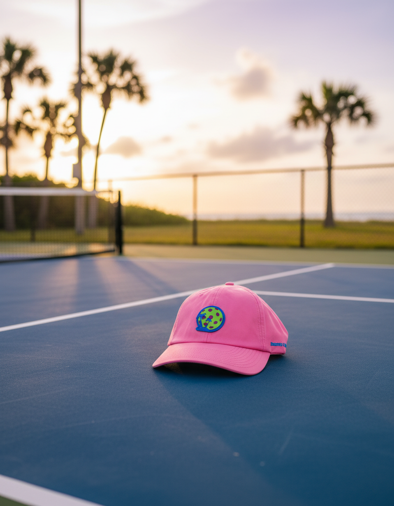 Pickleball dad hat in Pickled Pink with rubber patch — front view