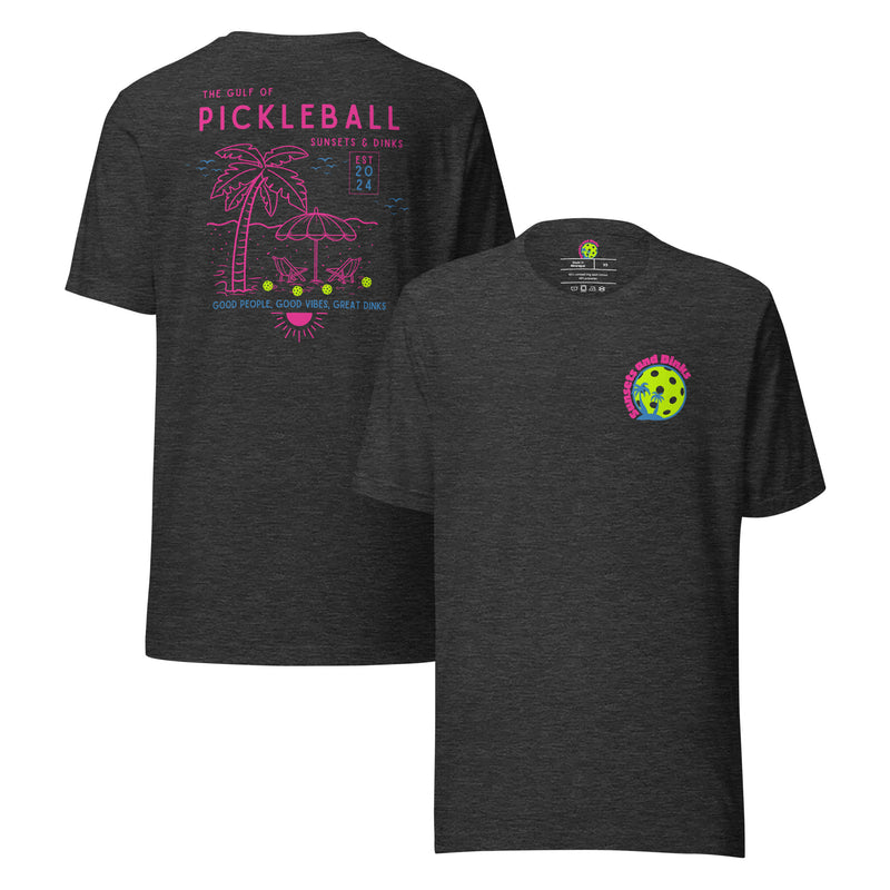 Gulf of Pickleball graphic tee in heather grey — front and back print detail with logo