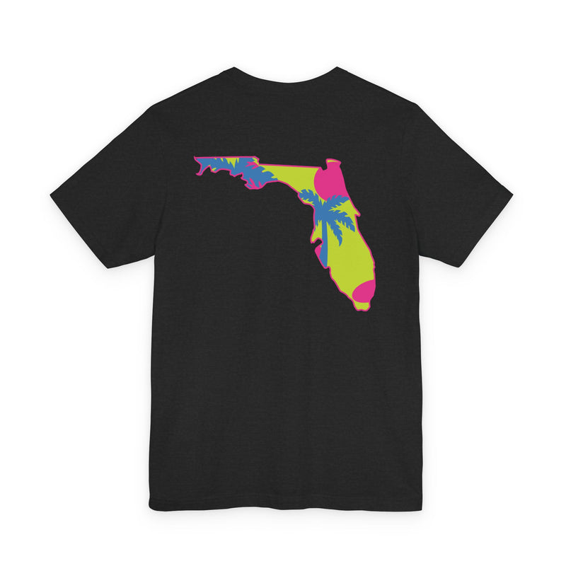 Florida outline pickleball shirt in black — front view with bold state graphic