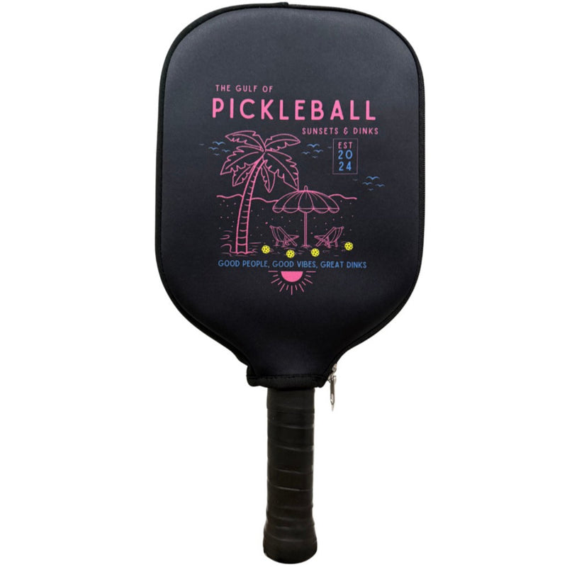Gulf of Pickleball neoprene paddle cover with Sunsets and Dinks logo — front view